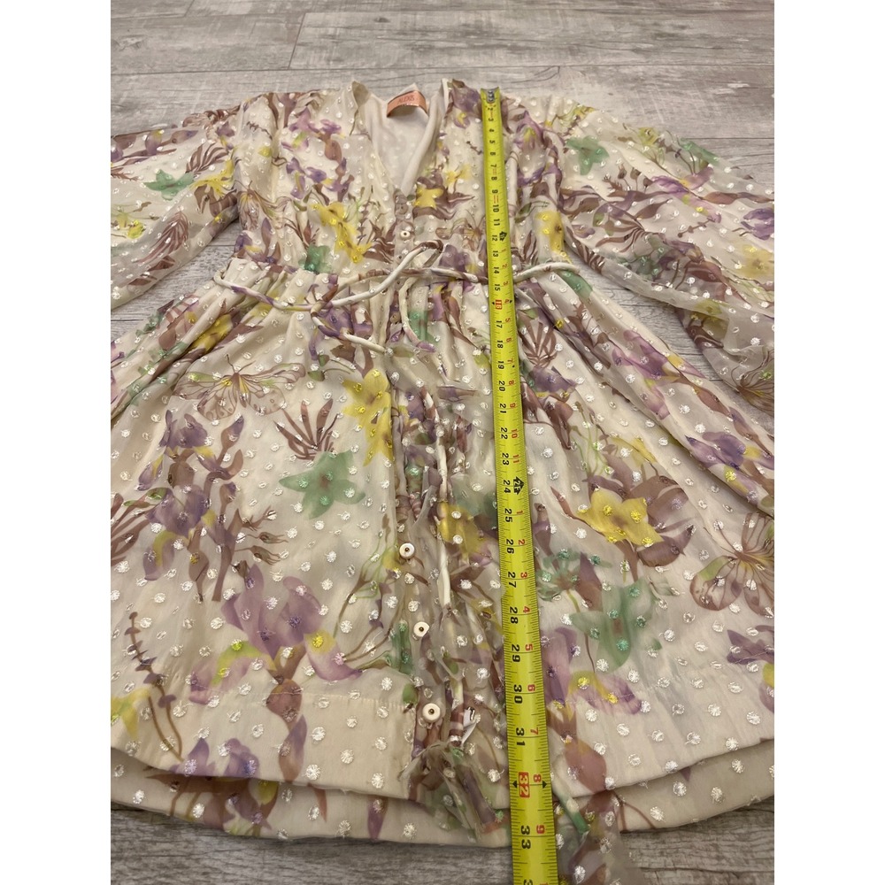 Alexis Floral Print Mini Dress Balloon Sleeve Button Front Tie‎ Waist Sheer - Picture 8 of 11
